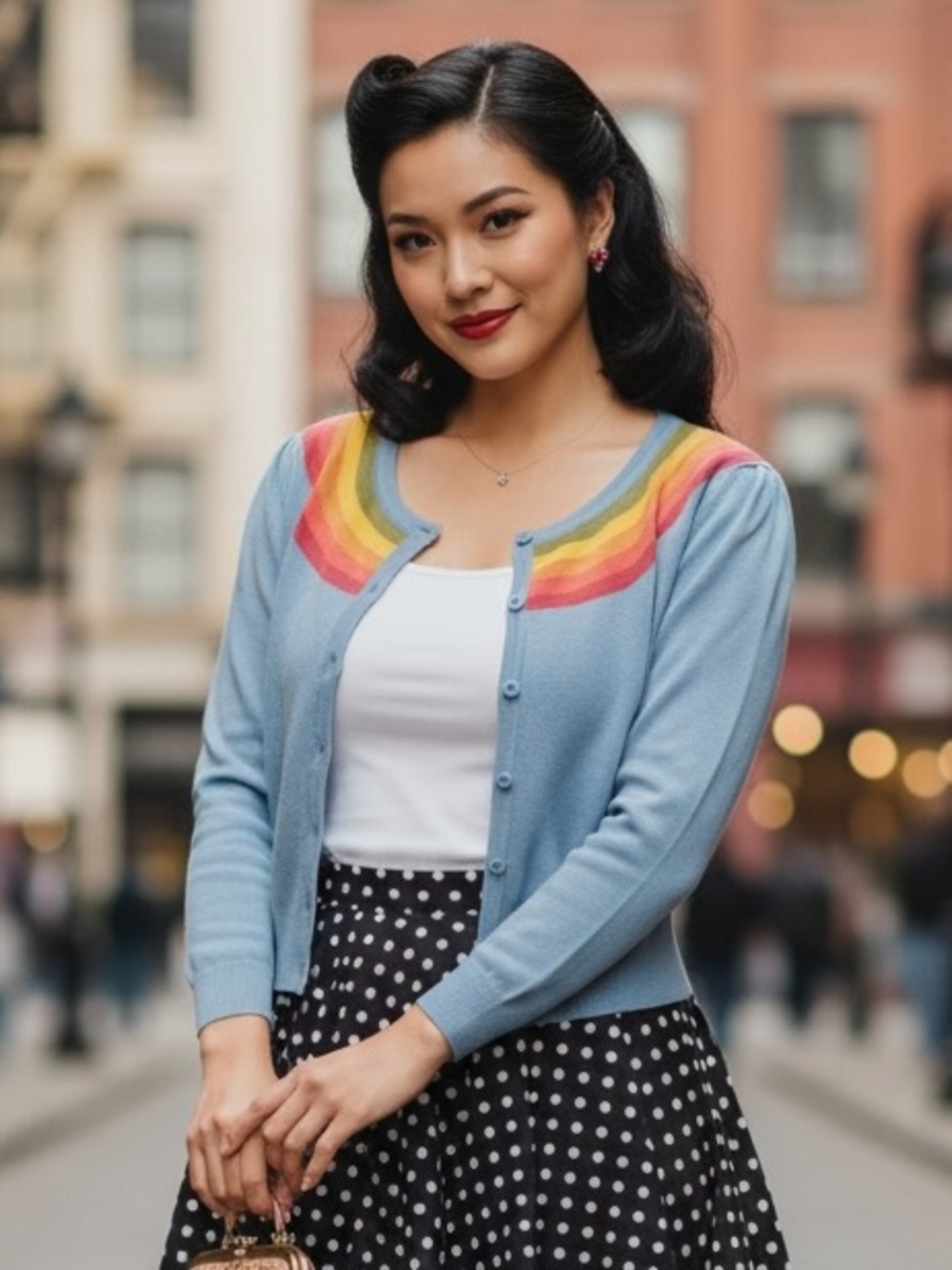 Collectif Hallie Cardigan with Rainbow Collar, Light Blue, Size 8 US, NWT 🌈